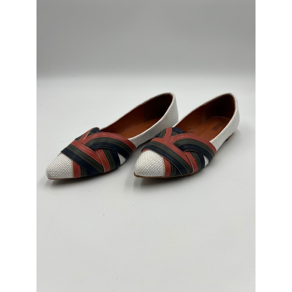 Classique Womens 8.5 Pointed Toe Flats White Woven Multi Color Strappy Shoes